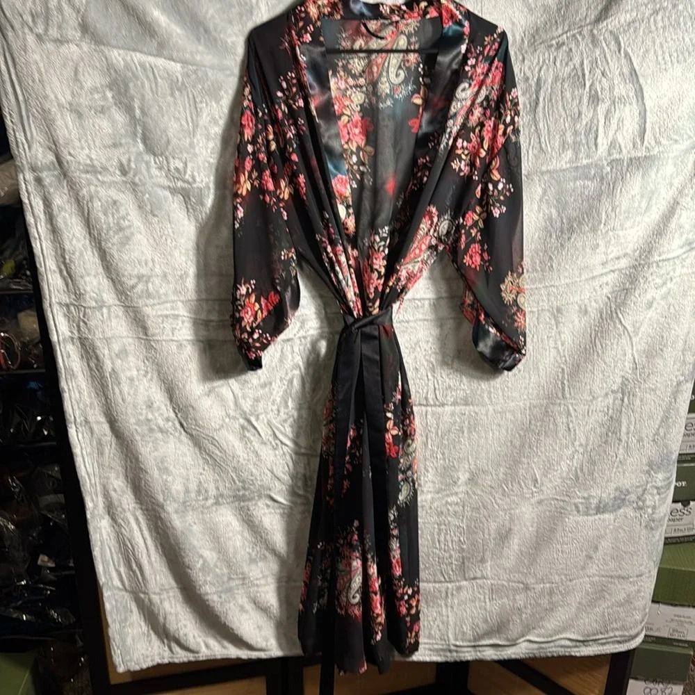 slip nightgown dress matching robe floral black size 10/12 m Y2K romantic nighty